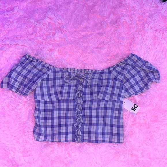 Purple & cream plaid off the shoulder crop top - Picture 1 of 5